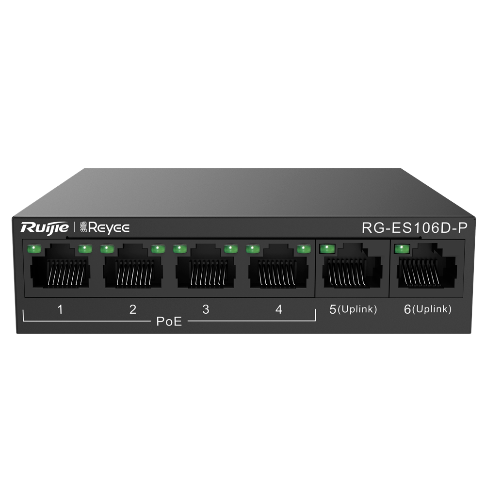 Switch de Bureau 6 Ports RJ45 10/100Mbps 4 Ports PoE+ 802.3af/at 2 Ports Uplink Puissance PoE Totale 58W RG-ES106D-P