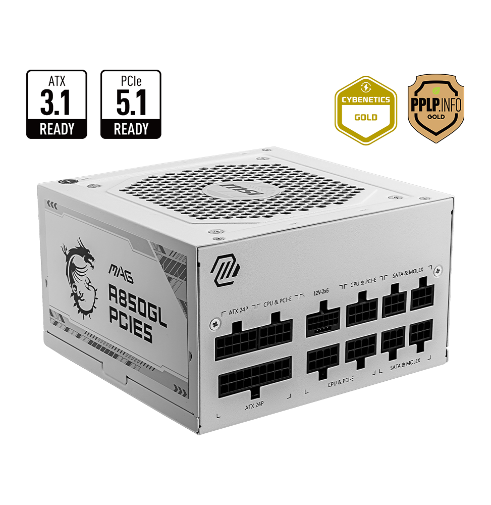 Alimentation MSI MAG A850GL PCIe5 Blanc 306-7ZP8A24-CE0